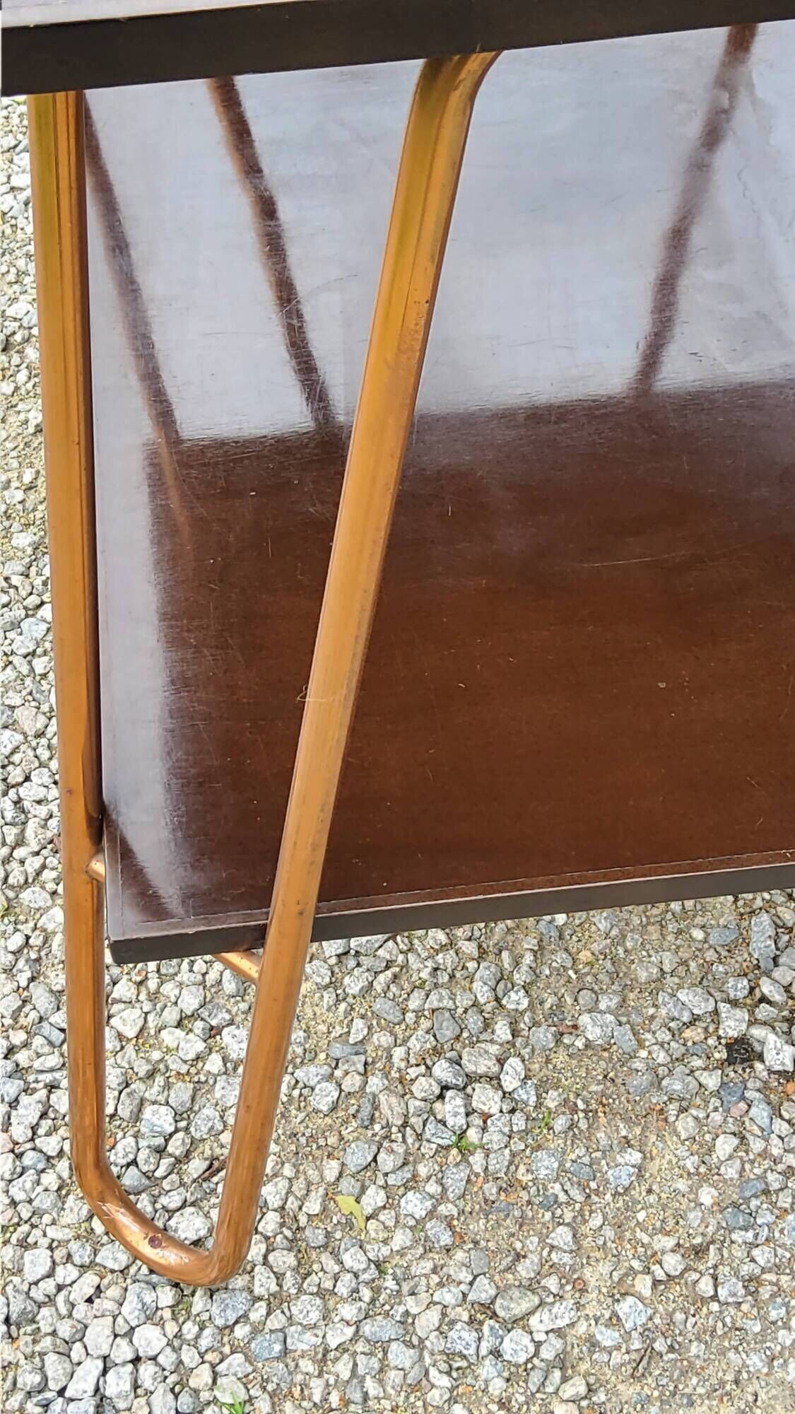 Vintage double wooden side table with copper base from the 50s