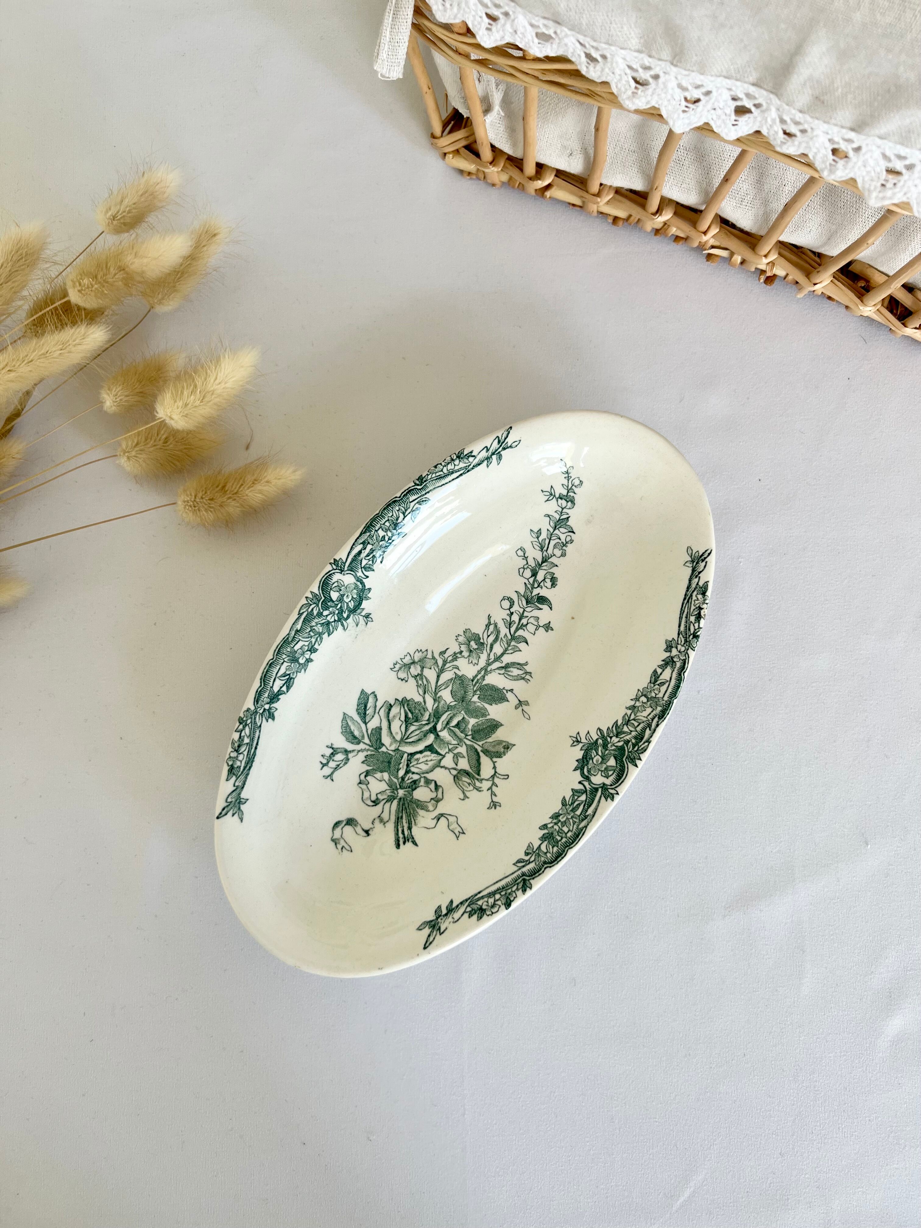 Romantic antique ravier porcelain floral style cream color and green details