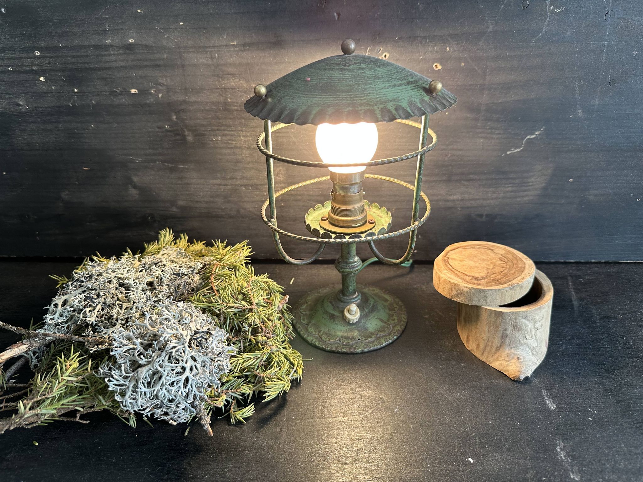 Antique patinated green metal lamp, Art Nouveau style, early 20th century.