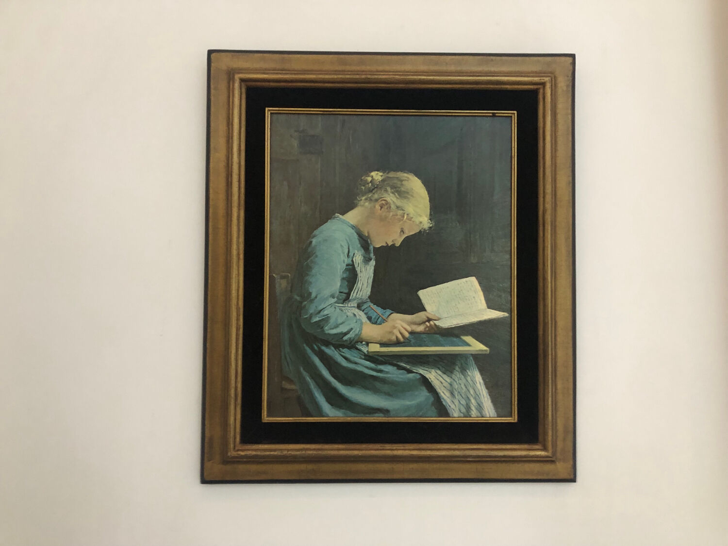 Portrait young girl reading repro worthy of Albert Anker