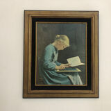 Portrait young girl reading repro worthy of Albert Anker