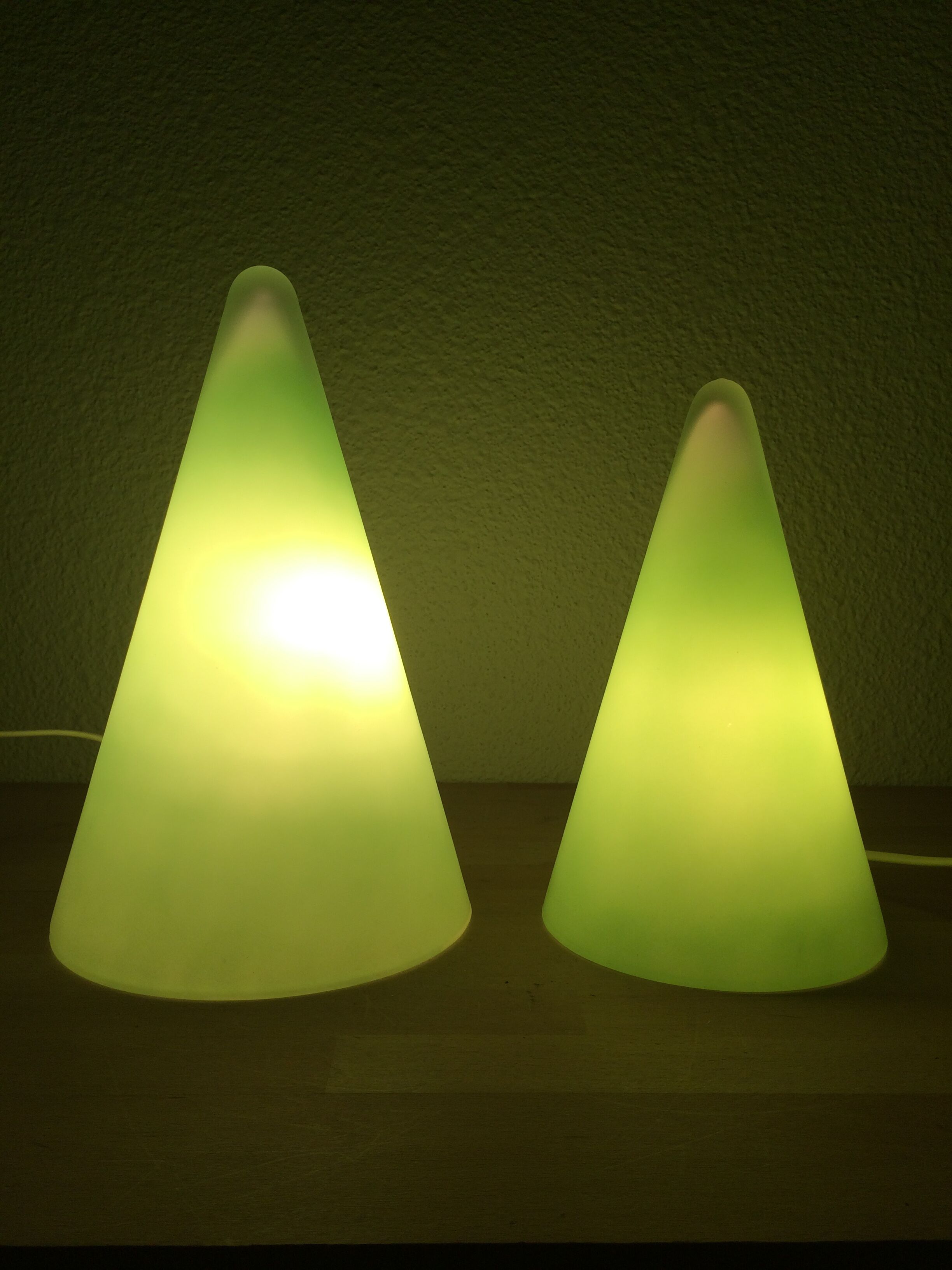 2 Teepee conical lamps by SCE in green glass