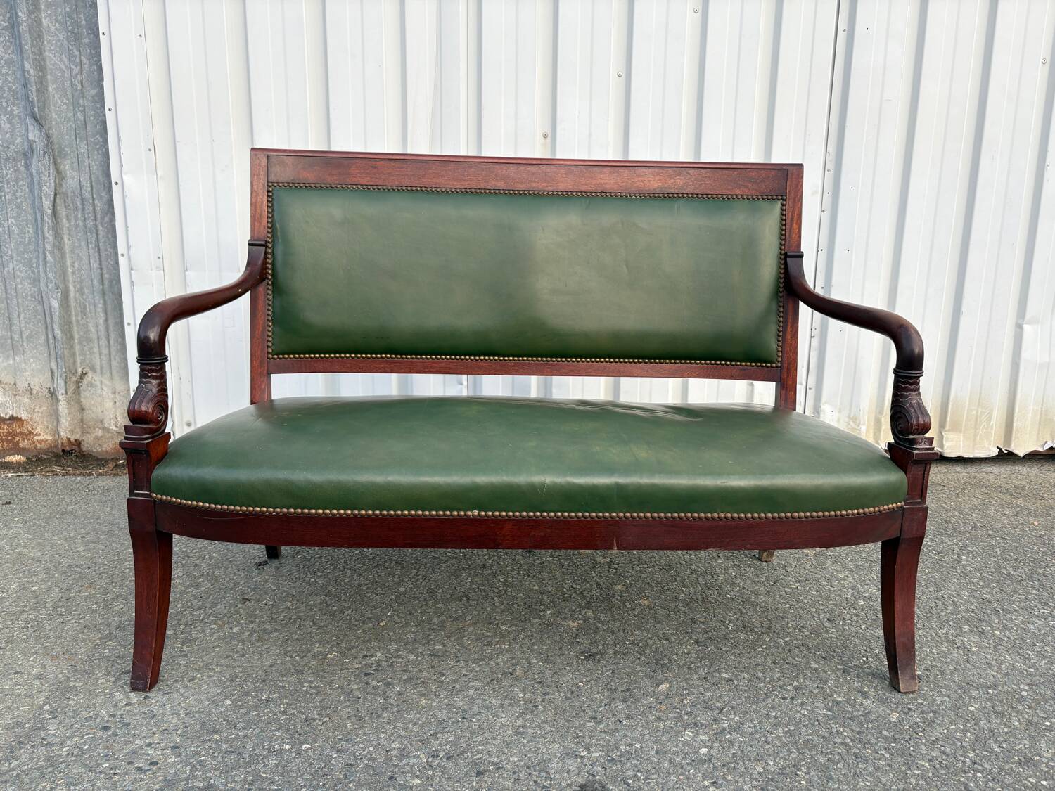 Empire style bench in mahogany and green leather