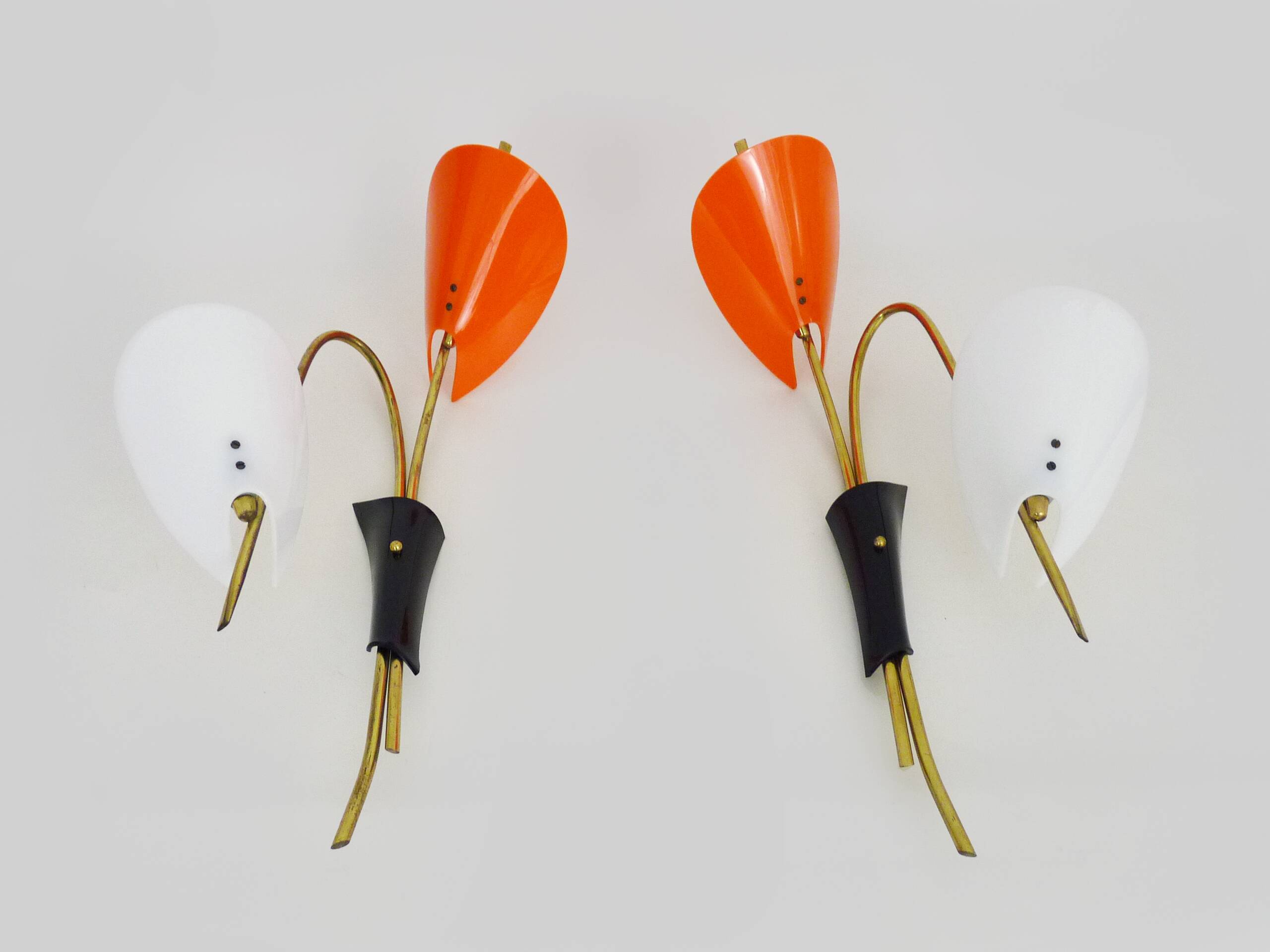 Pair of Mid-Century orange and white Arum wall sconces, Italy, 1950s