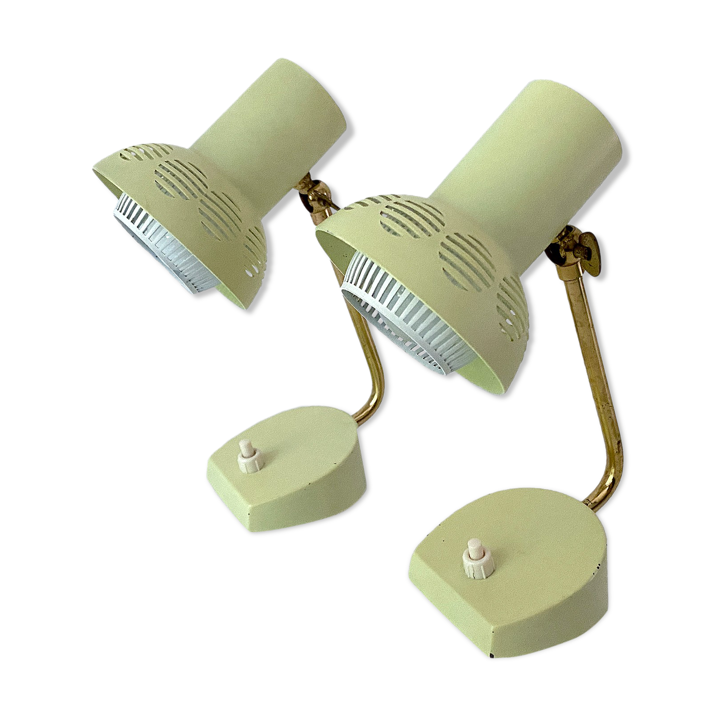 Pair of vintage 50s bedside table lamps, white yellow, laitonon, opaline