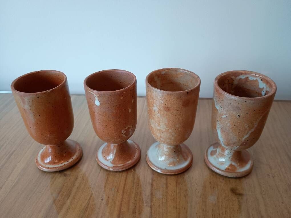 Set of 4 beige stoneware mazagran cups made in France vintage