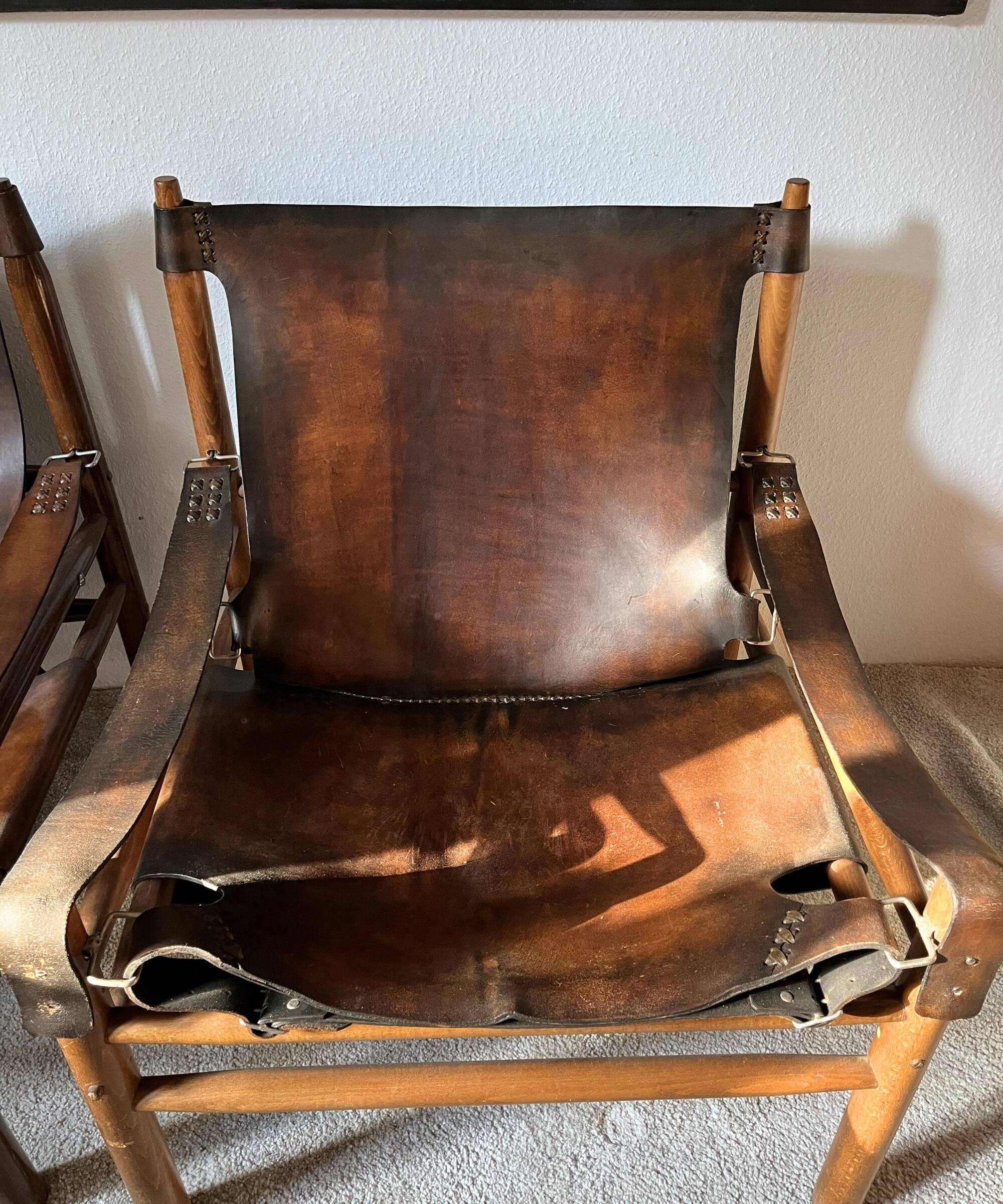 Buffalo Leather Safari Armchair in Pair, Solid Oak Frame, Vintage Style, 19