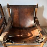 Buffalo Leather Safari Armchair in Pair, Solid Oak Frame, Vintage Style, 19