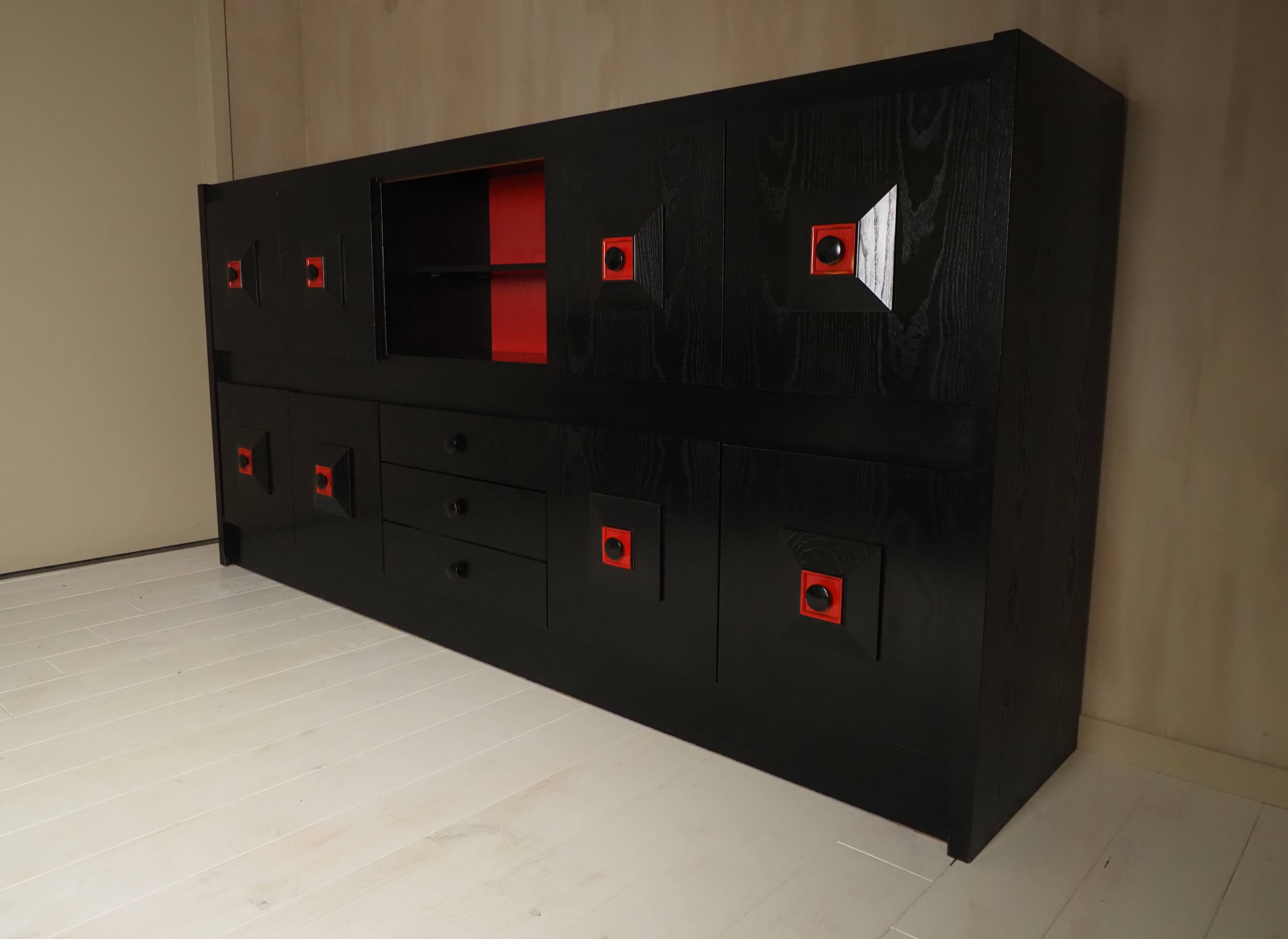Brutalist Belgian buffet in black and red from the 1960s.
