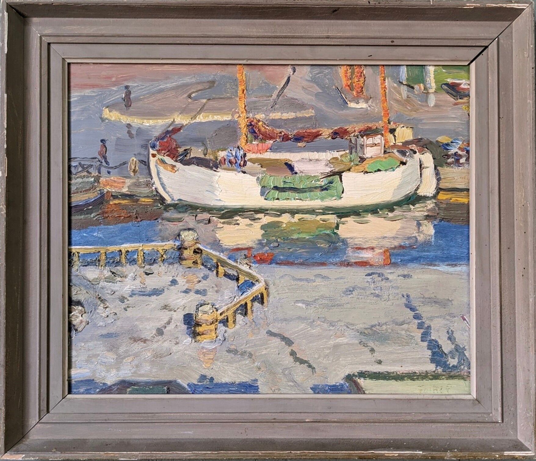 Mid-century modern "the dock" swedish seascape oil painting, framed