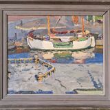 Mid-century modern "the dock" swedish seascape oil painting, framed