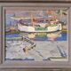 Mid-century modern "the dock" swedish seascape oil painting, framed
