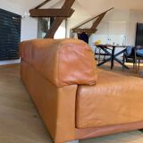 Vintage 3-seater sofa Gérard Guermonprez fawn and stainless steel leather, France 1970