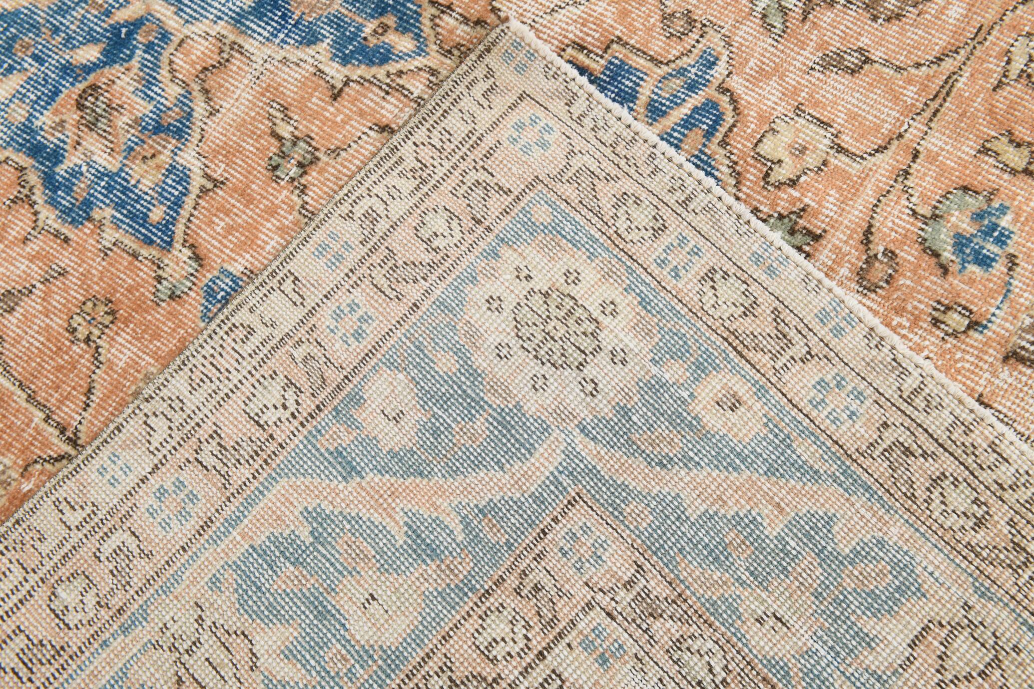 Soft Peach & Blue Oushak Vintage Rug, Made in Anatolian, 220x304 Cm