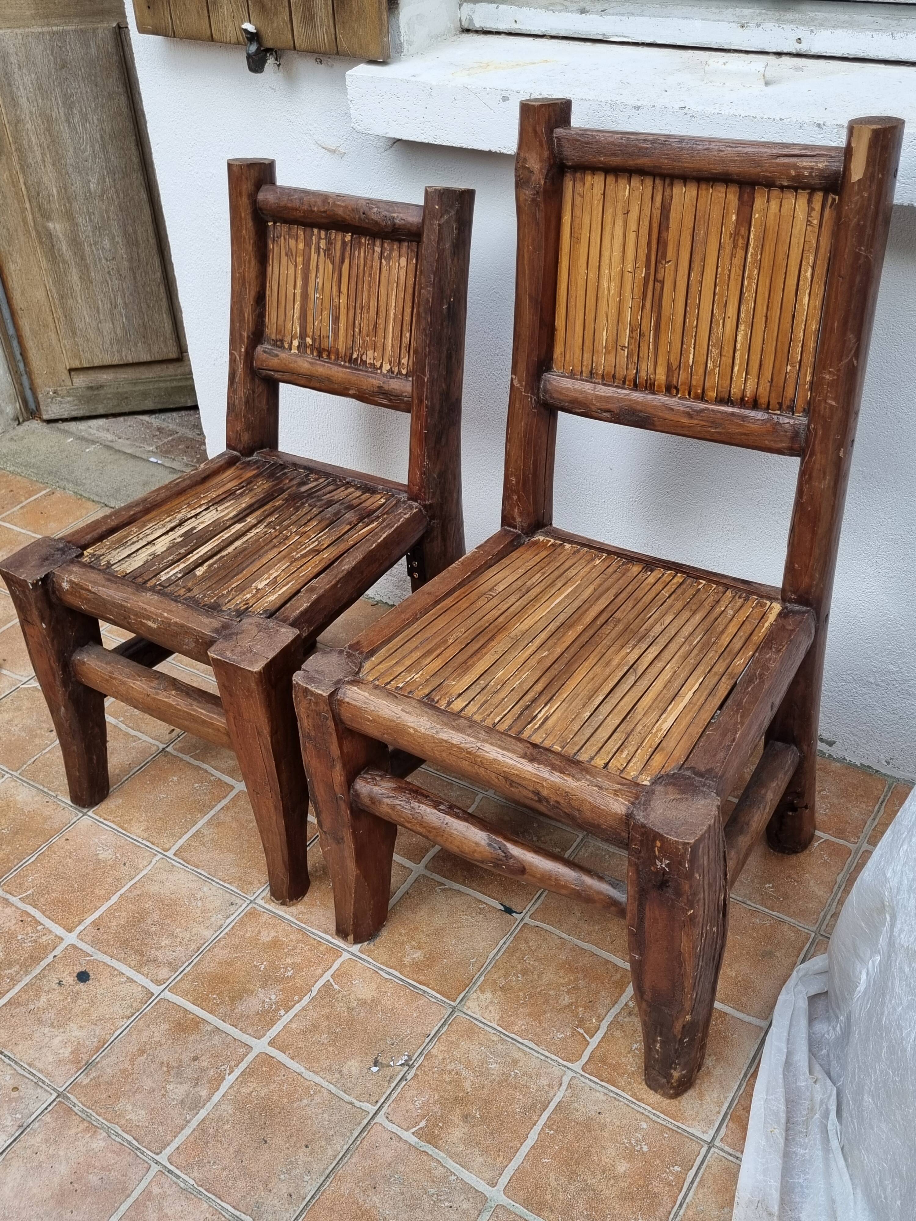 Pair of solid wood and bamboo chairs, brutalist style, 90 cm
