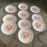 10 small plates, orange flower model, Moulin des loups, Nord, Orchies, made in France, 1970