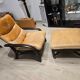 Vintage camel leather lounge chair with ottoman – wooden frame – 1970s