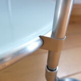 1970s stainless steel pedestal table with two glass tops