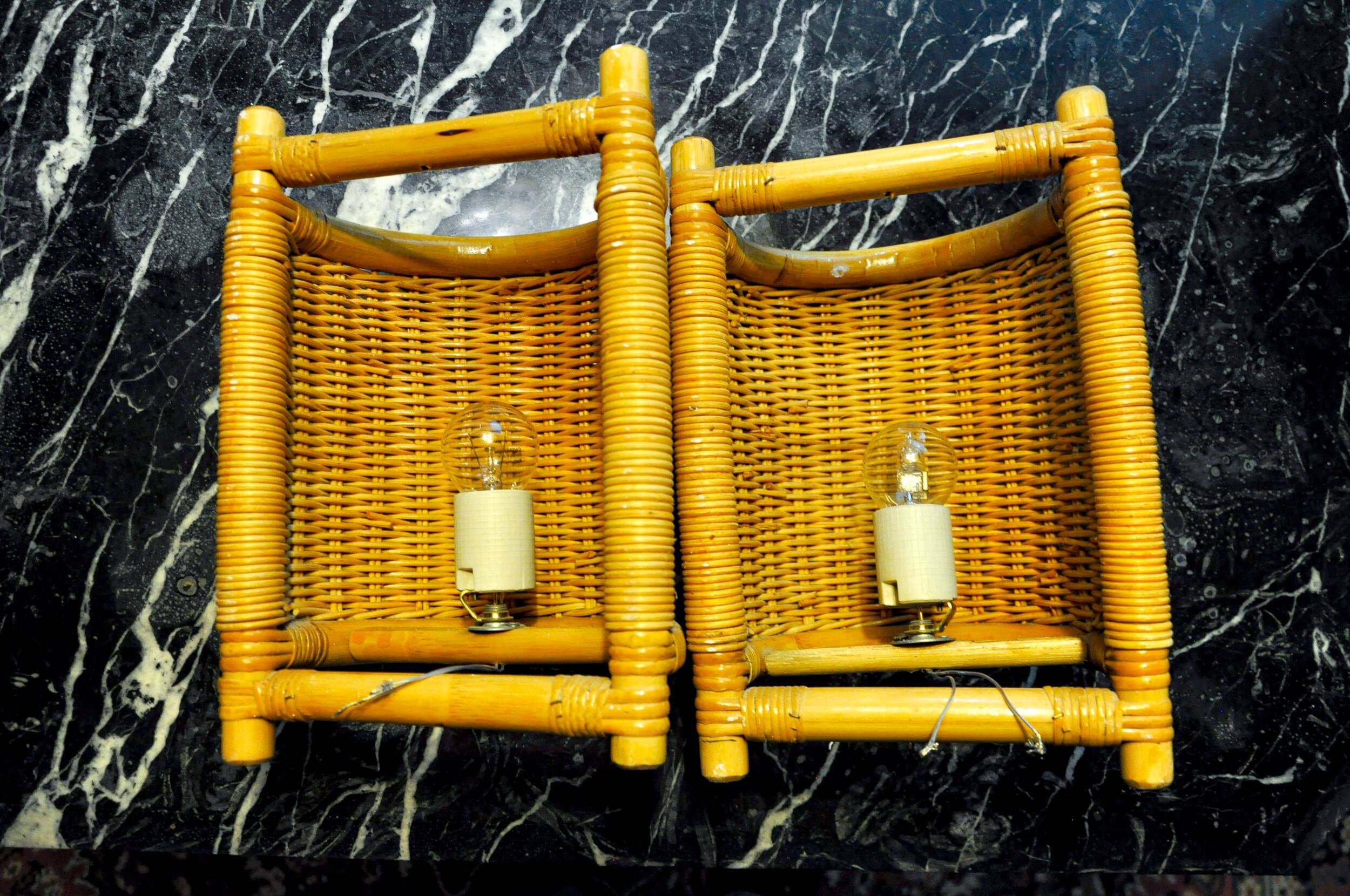 Pair of rattan sconces, France, 1960