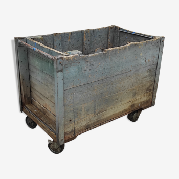 Old industrial vintage workshop trolley in blue-grey patinated wood