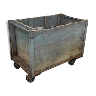 Old industrial vintage workshop trolley in blue-grey patinated wood