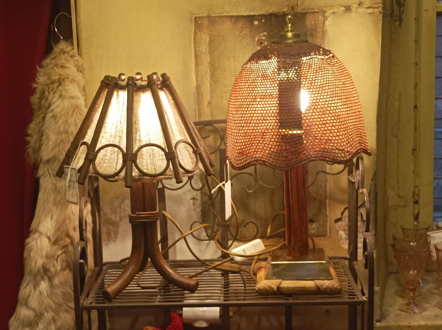 Vintage rattan and chrome metal lamp – 1970s/1980s