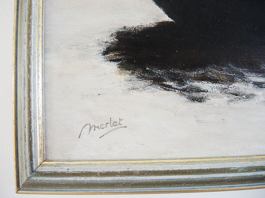 Oil on Wood Framed and Signed Henri Merlet : Fishing Boat between Dog & Wolf