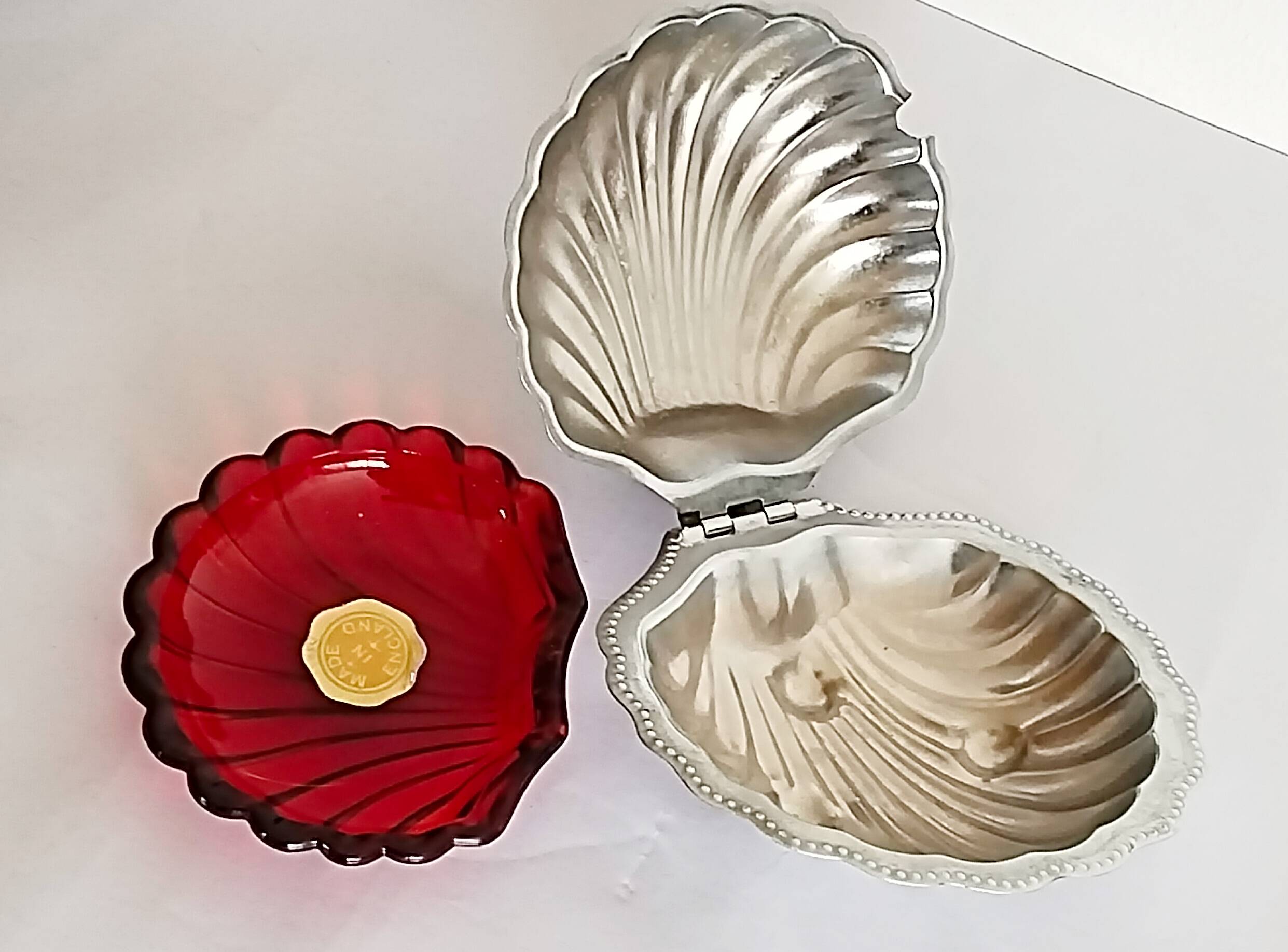 Stainless steel scallop butter dish, red glass shell