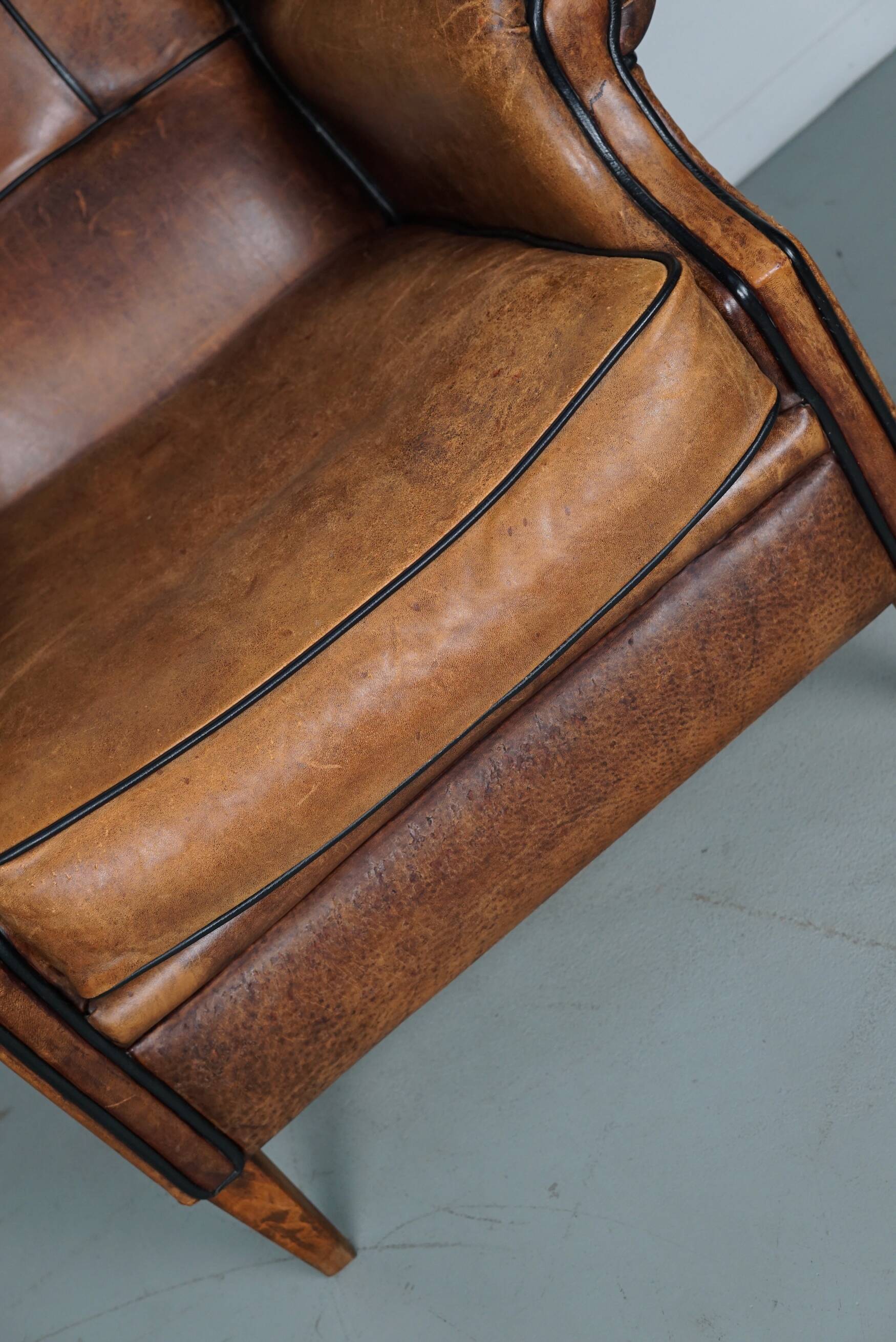 Fauteuil hollandais vintage en cuir cognac