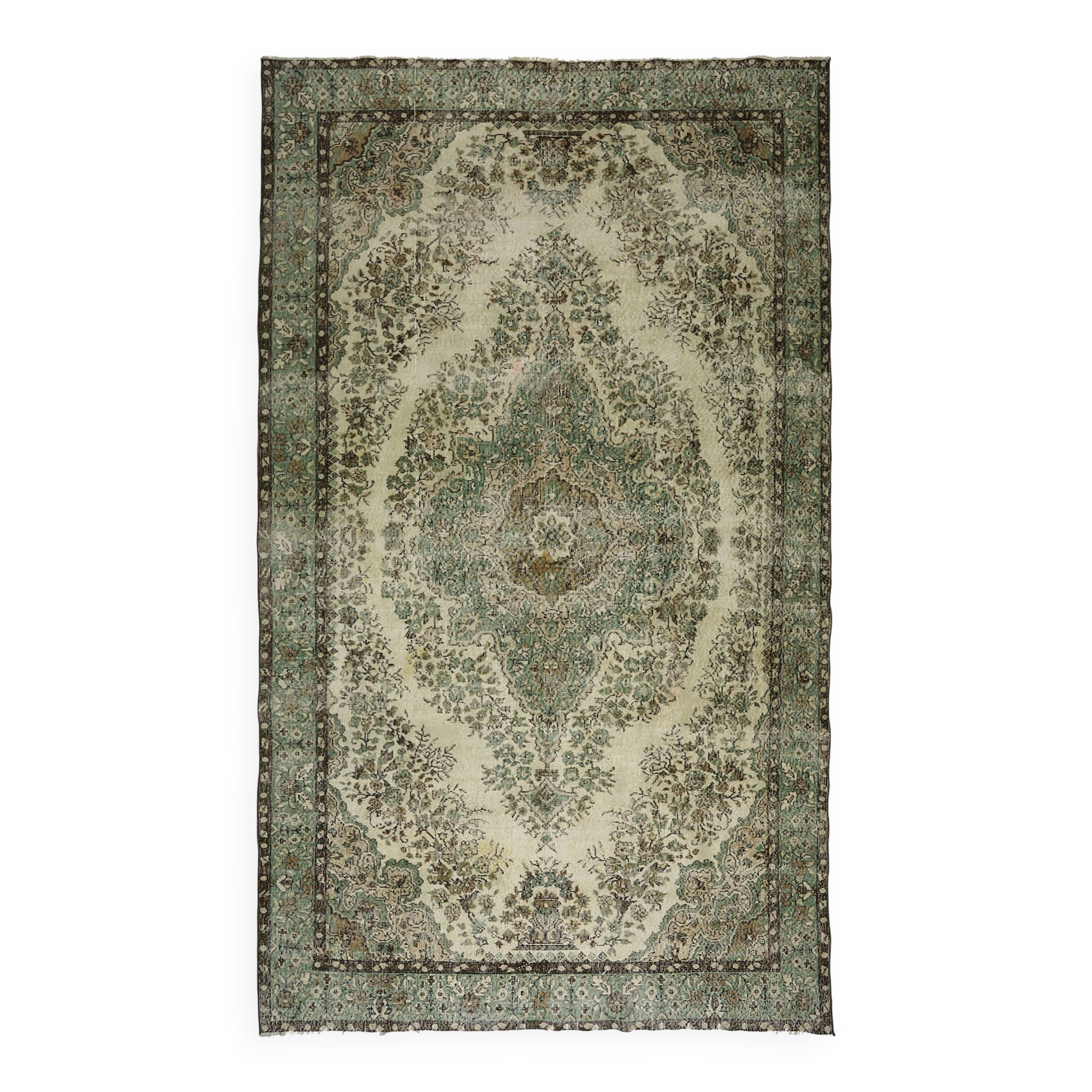 Vintage Oushak rug with green and beige medallion, 345 x 205 cm.