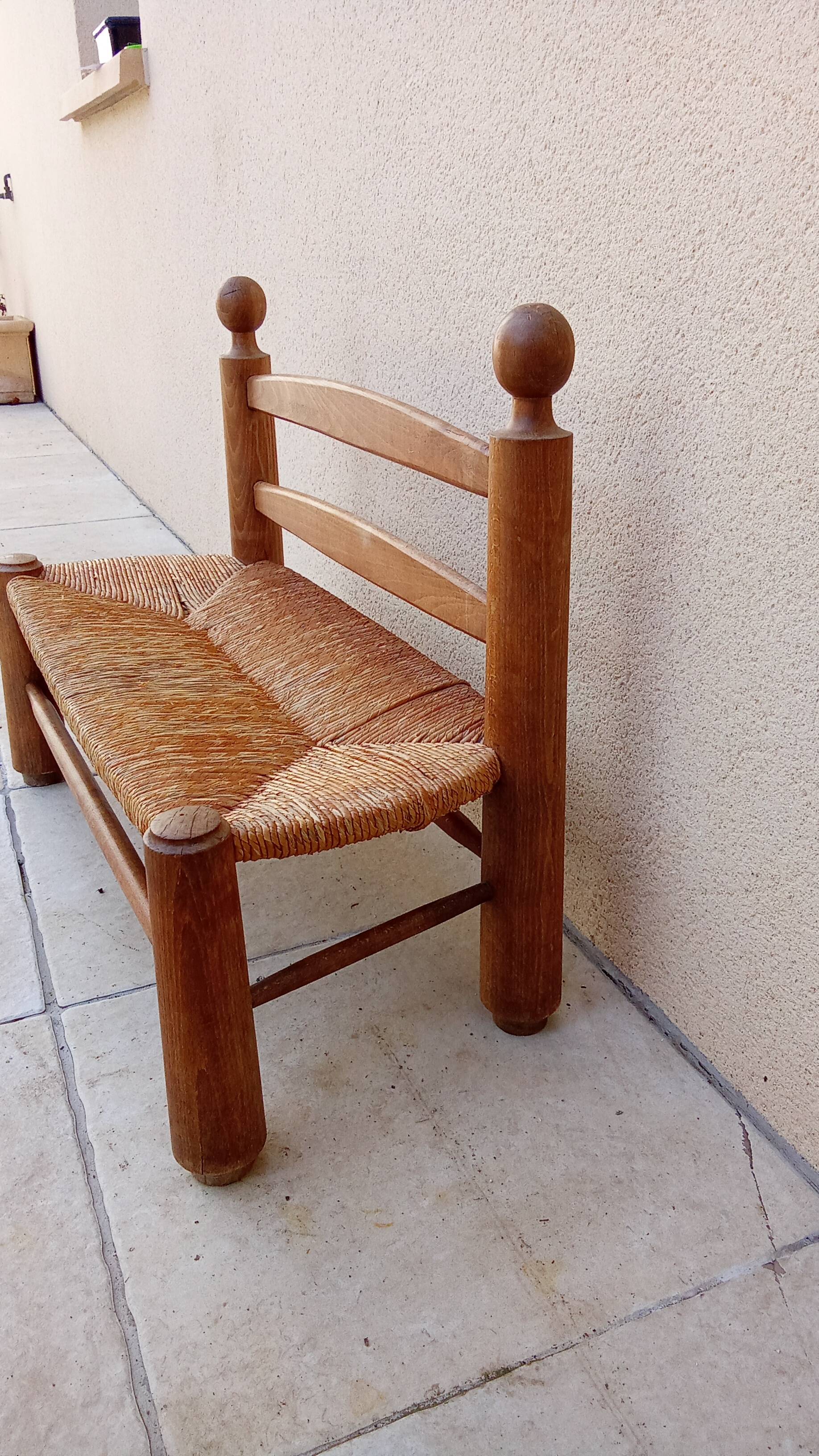 Banc vintage bois et paille esprit perriand année 50