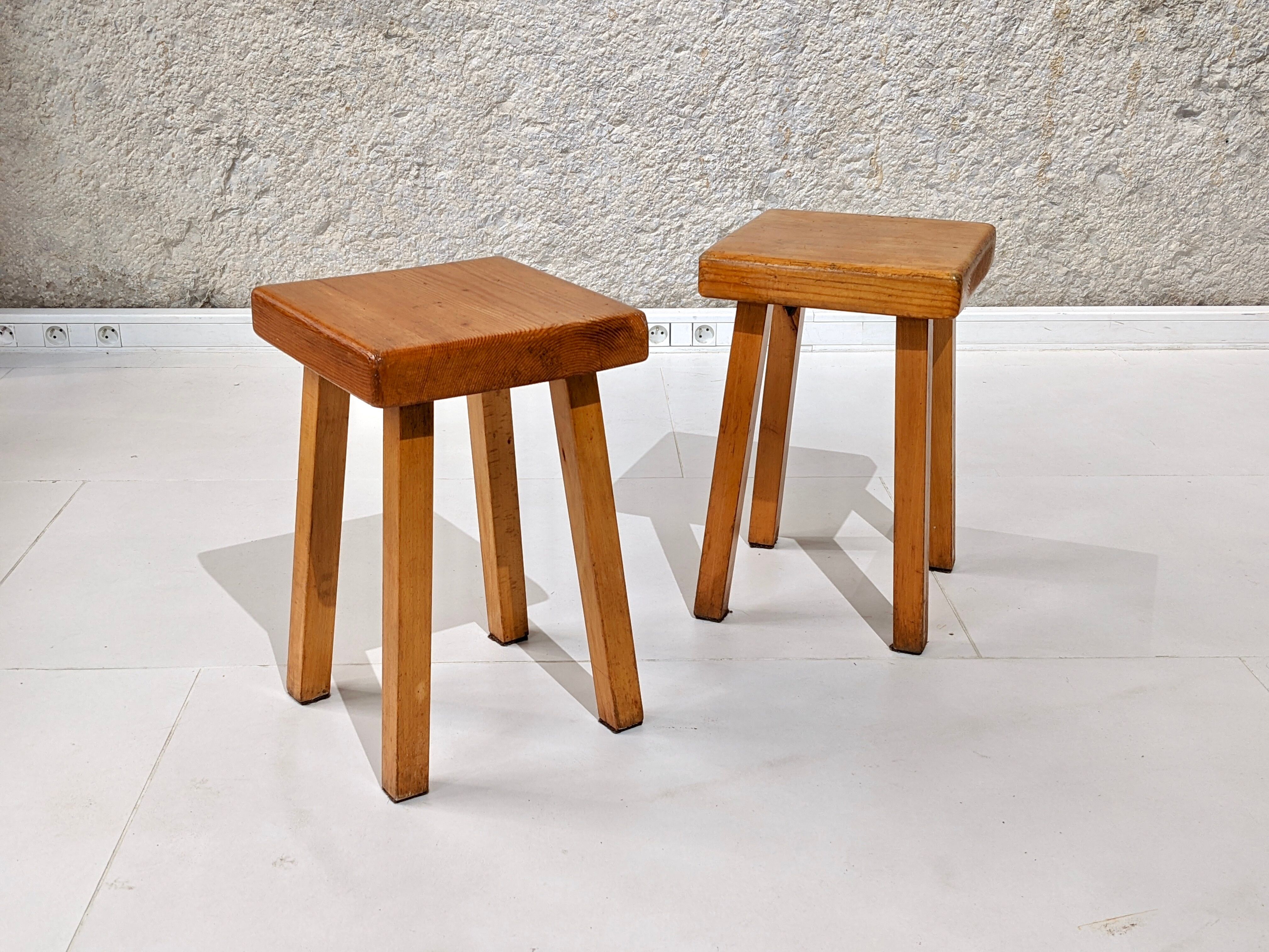 Set of 4 pine wood stools by Charlotte Perriand for Les Arcs 1800