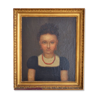 "Girl with a necklace of coral" oil painting beginning of the 19th century