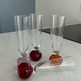 Set of 4 vintage champagne flutes – coloured ball foot – blown glass