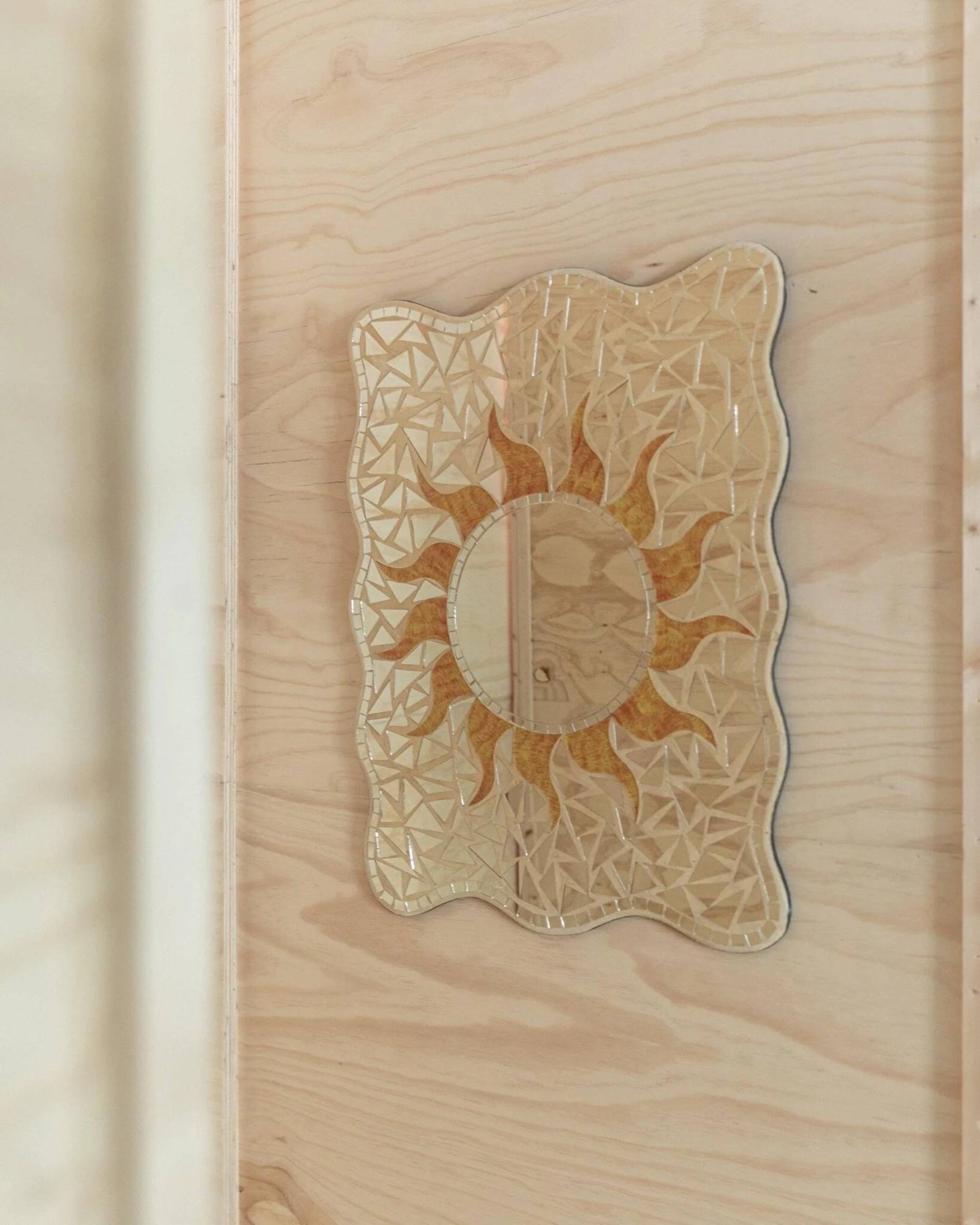 Vintage mosaic mirror sun motif - Unique piece from Italy, 1970s - Beautiful details, very decorative, bohemian style, gift idea.