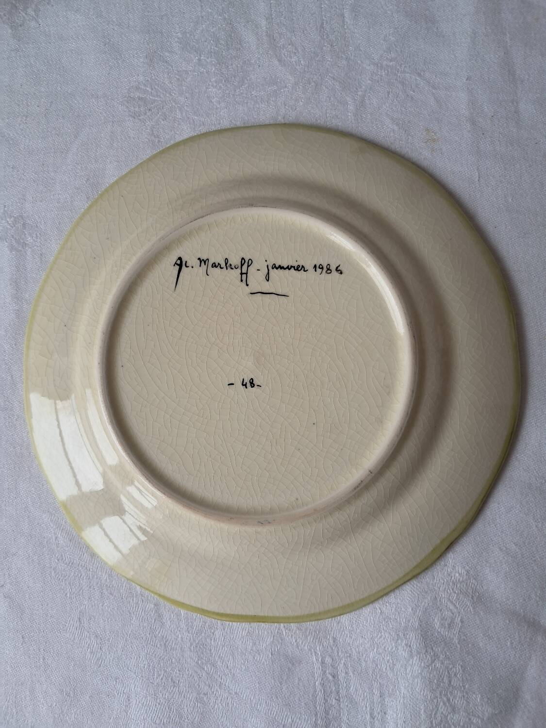 4 Moustiers Longchamp dessert plates. Hand-painted. 1986