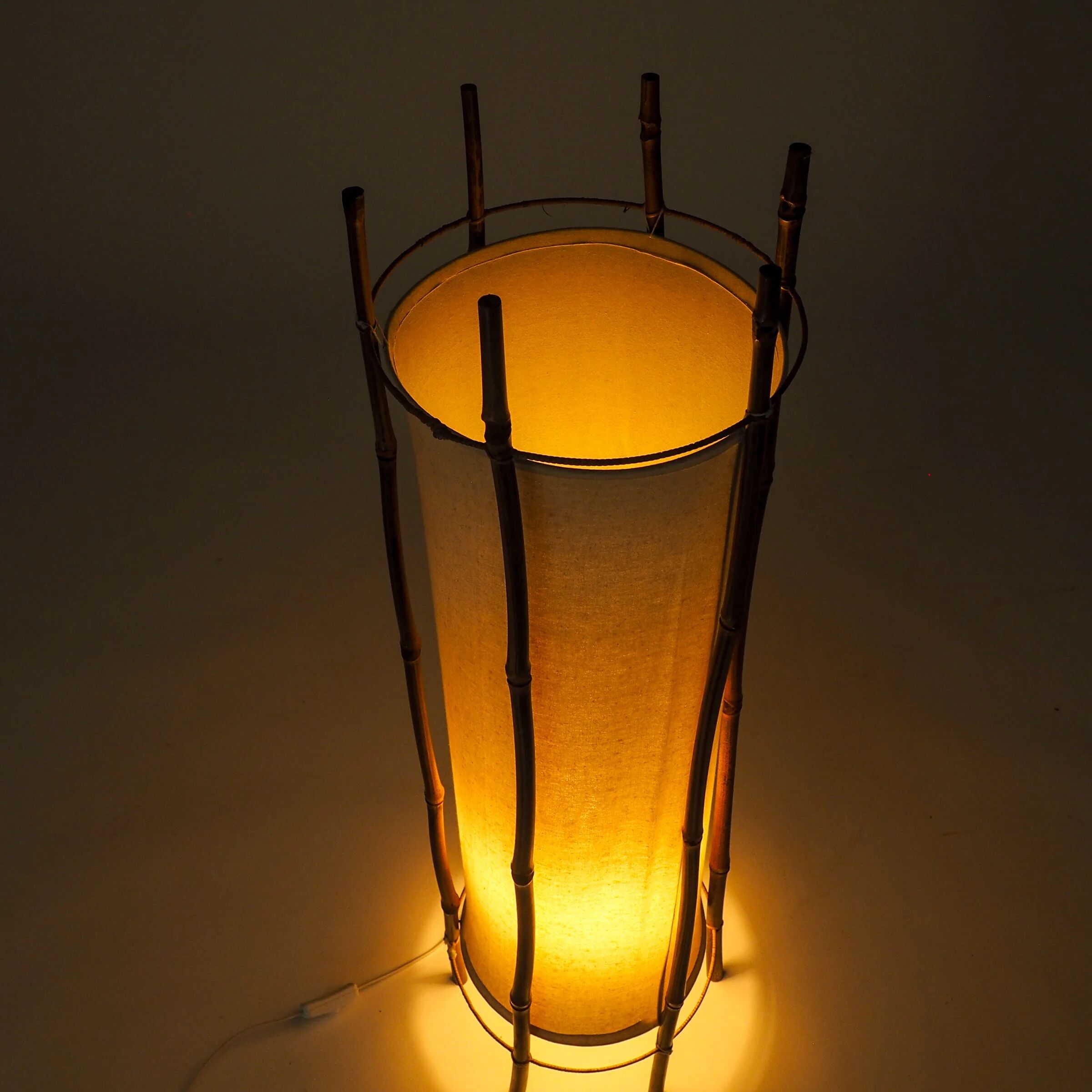 Large bamboo & linen floor lamp by Louis Sognot