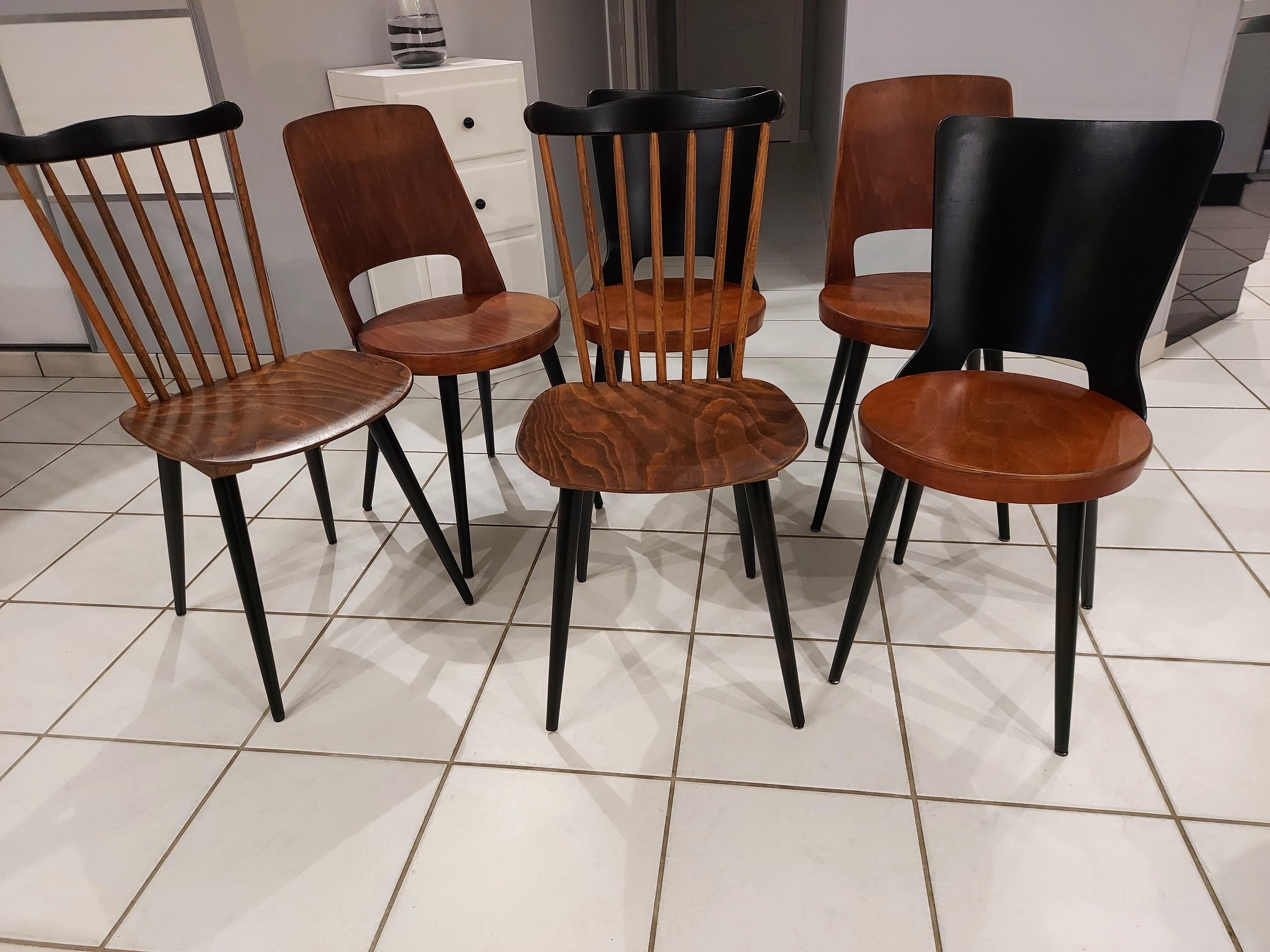 Suite of 6 chairs of Bistrot Baumann mismatched Mondor,Dove,Minuet