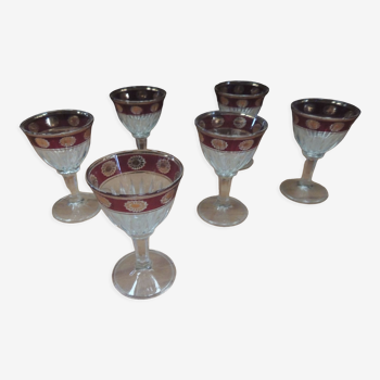 Set of 6 glasses with digestive red and gold frieze