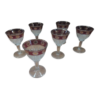Set of 6 glasses with digestive red and gold frieze