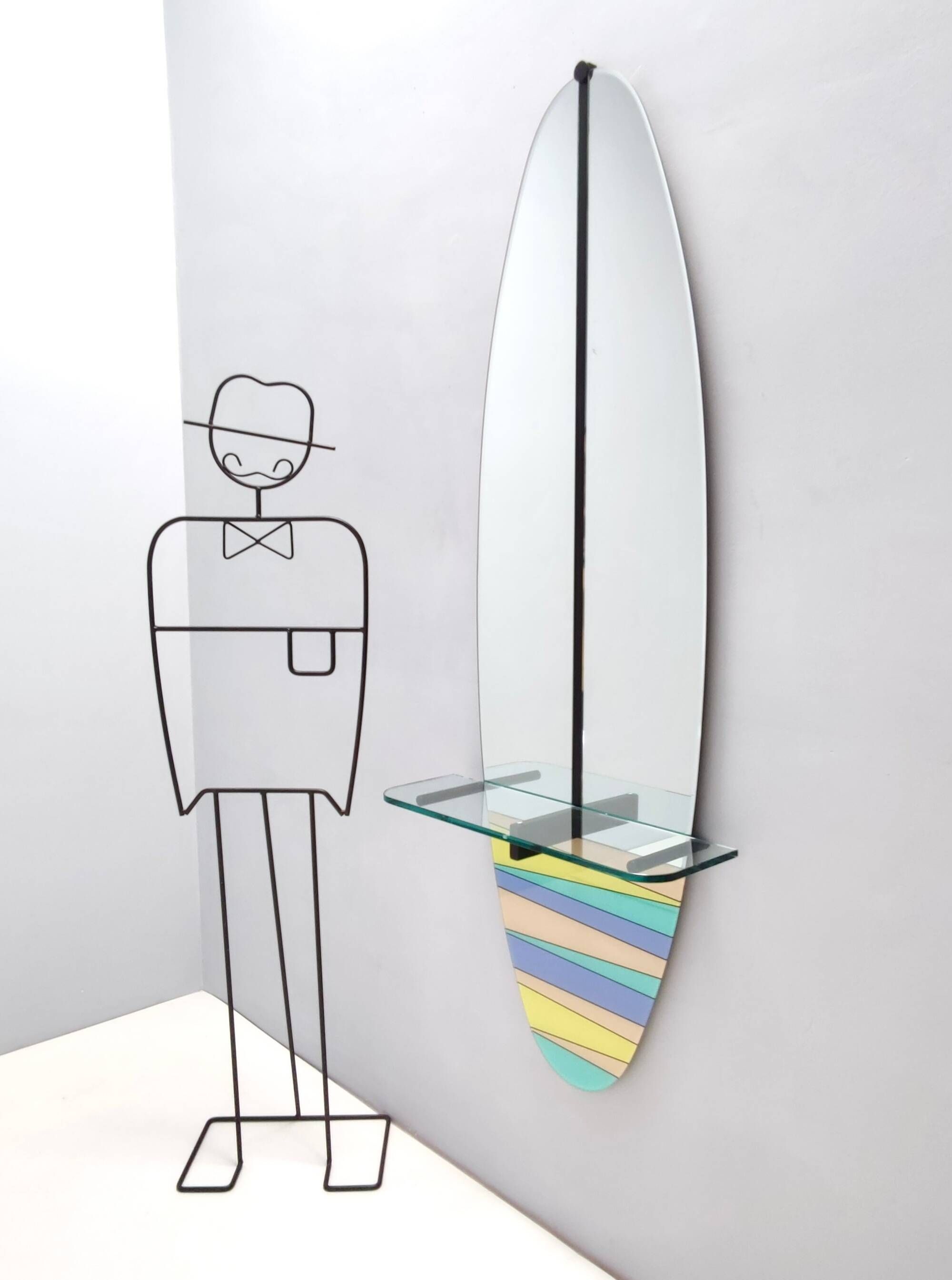 Postmodern Oval Wall-Mounted Entryway Mirror and Console Table with Glass T