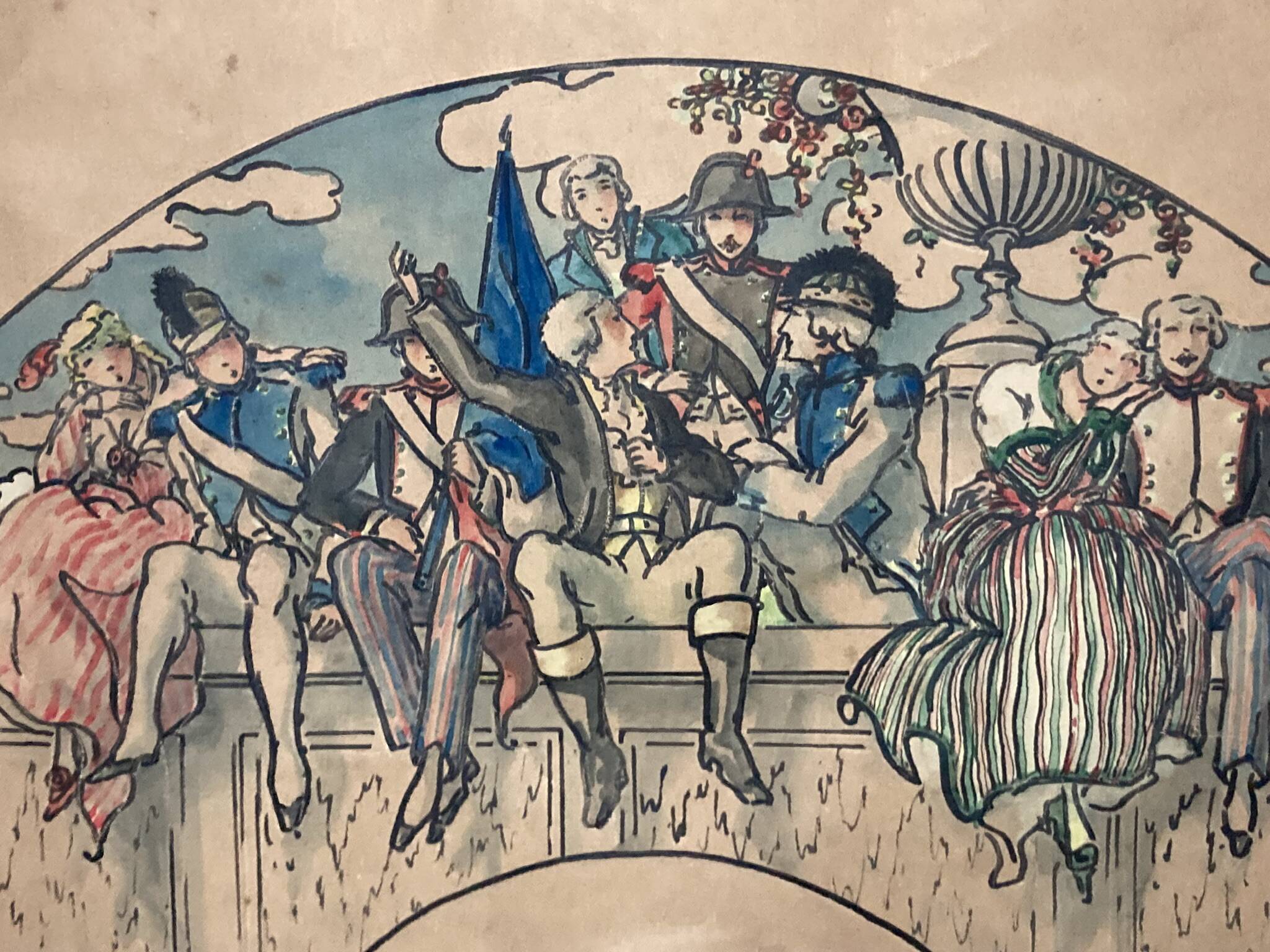 Boscher (Jean-Édouard), watercolor fan project, La Marseillaise, early 20th century