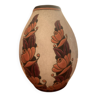D1965 Charles Catteat Boch Frères Keramis vase with flowers