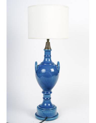 Pair of table lamps by Pol Chambost (1906-1983), blue glazed earthenware.