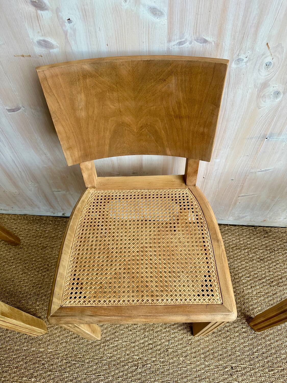 Set of 4 vintage chairs in light wood and cane – refurbished