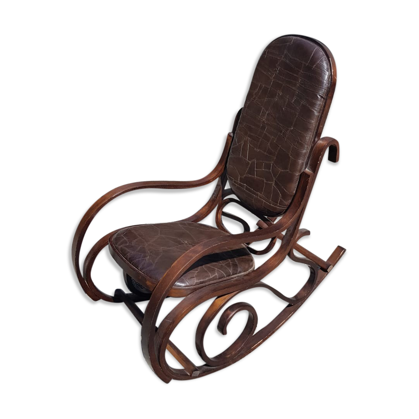 Rocking-chair vintage western wood and brown leather