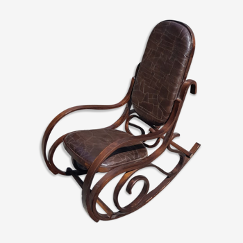 Rocking-chair vintage western bois et cuir marron