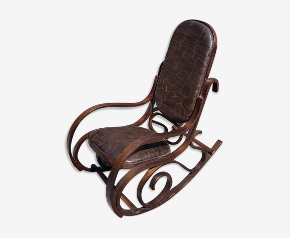 Rocking-chair vintage western bois et cuir marron