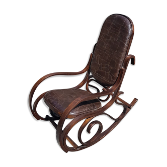 Rocking-chair vintage western wood and brown leather