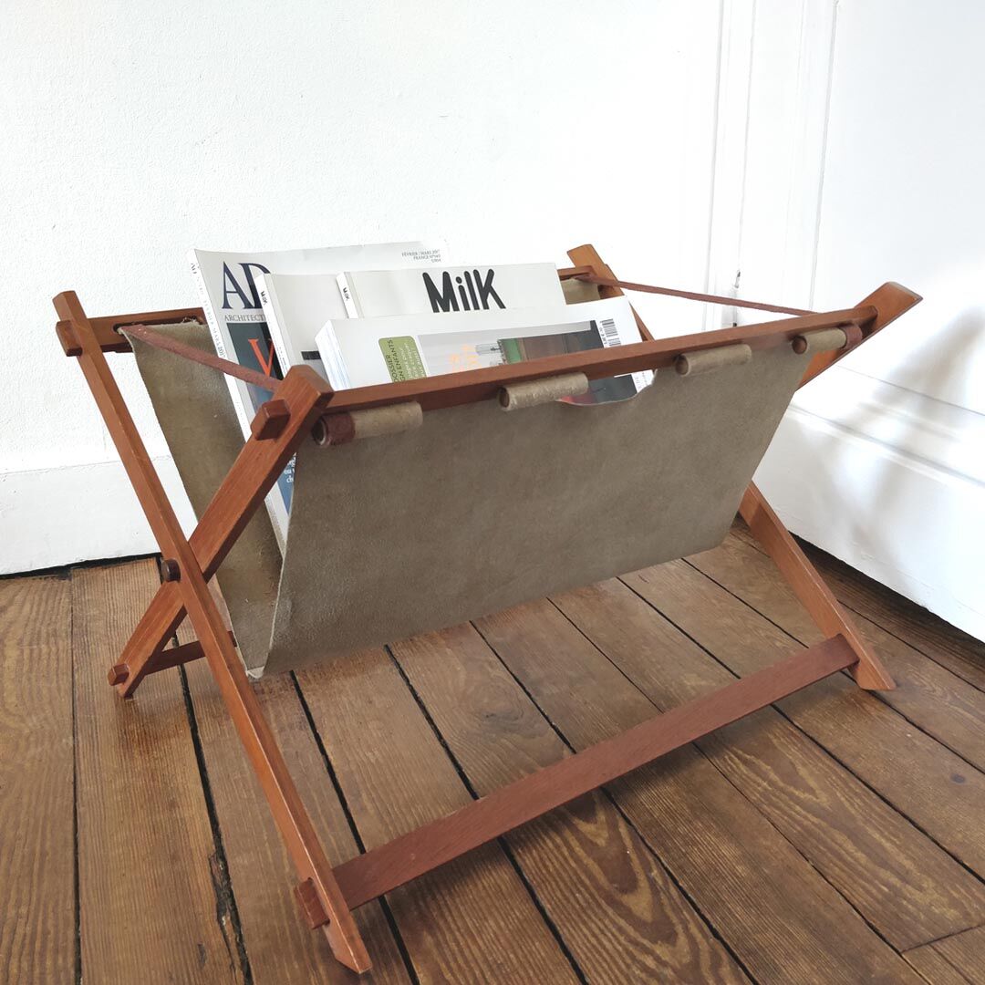 Scandinavian teak and leather magazine holder